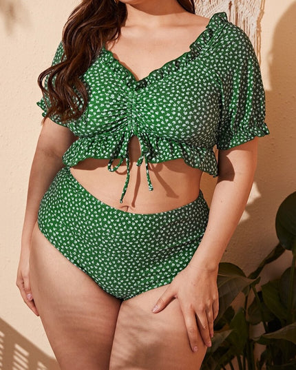 Damski dwuczęściowy strój kąpielowy bikini plus size w kwiatuszki z falbanką