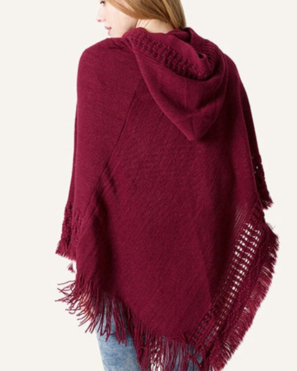 Damski sweter dzianinowy typu ponczo z frędzlami i kapturem