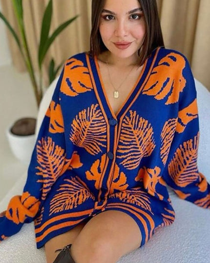 Damski sweter typu kardigan we wzór liści