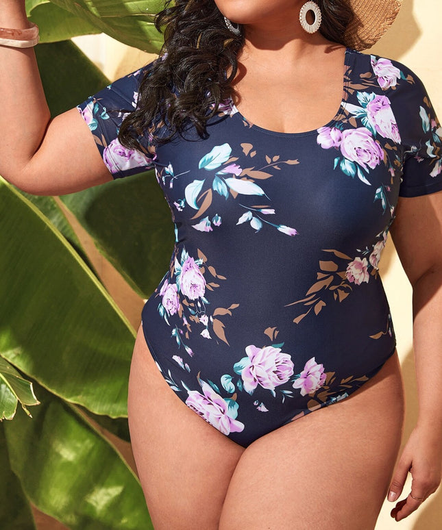 Damski jednoczęściowy strój kąpielowy plus size w kwiaty z paseczkami na plecach