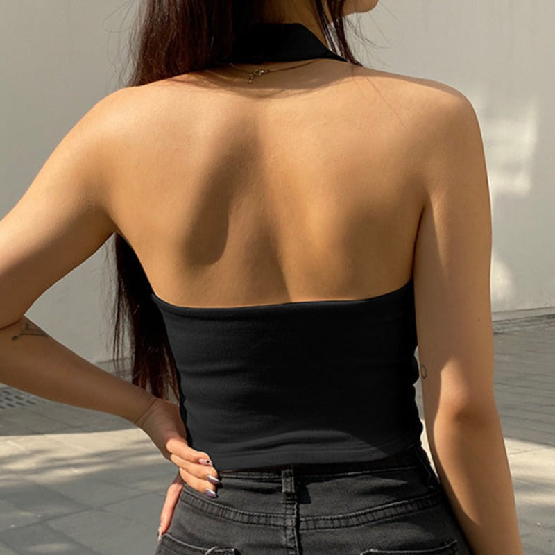 Damski crop top z odkrytymi plecami w prążki