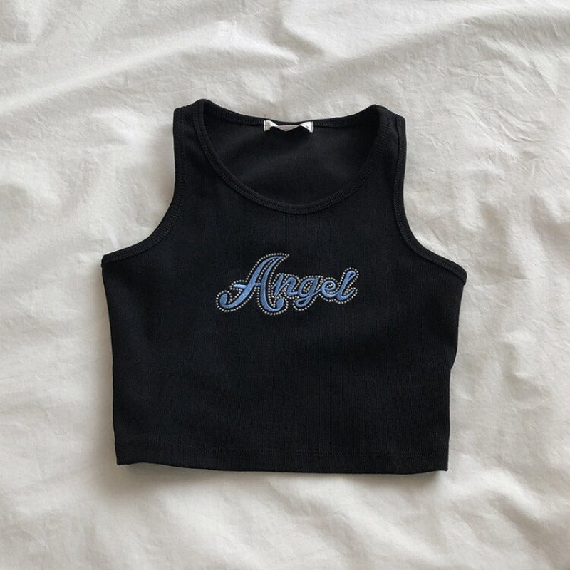 Damski crop top na ramiączkach z napisem "Angel"