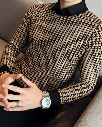 Męski sweter typu golf w pepitkę