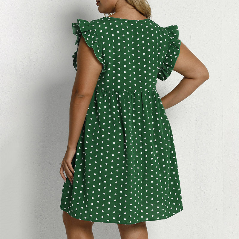 Sukienka mini plus size letnia w grochy z wiązaniem na dekolcie