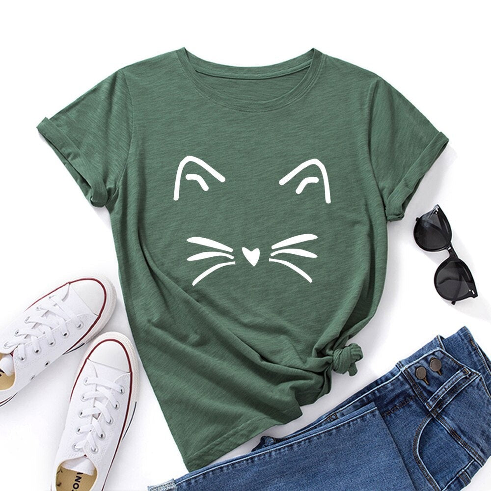 Damski T-shirt klasyczny z nadrukiem z motywem kotka