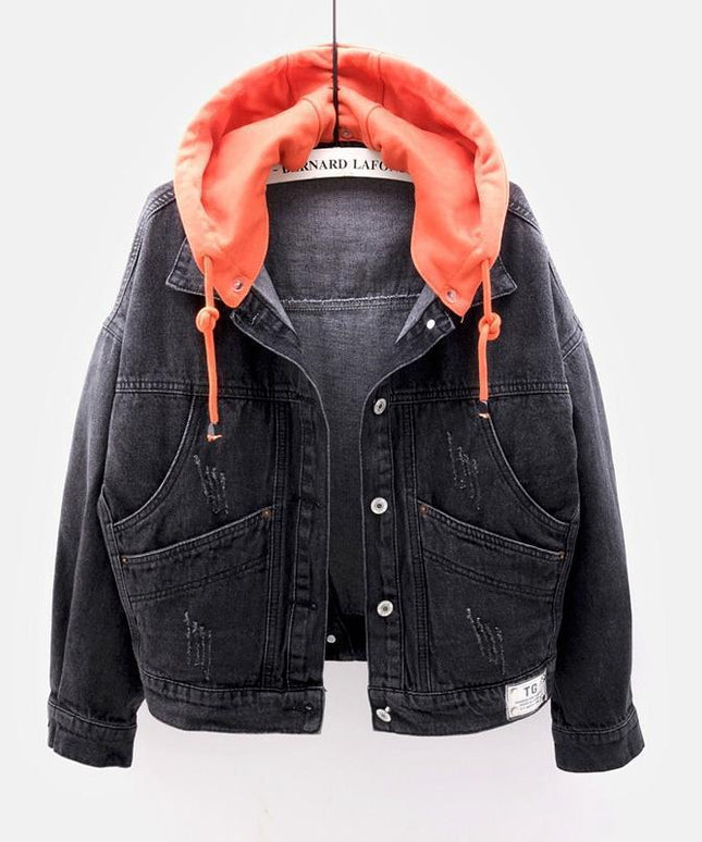 Damska kurtka jeansowa oversize z kontrastowym kapturem