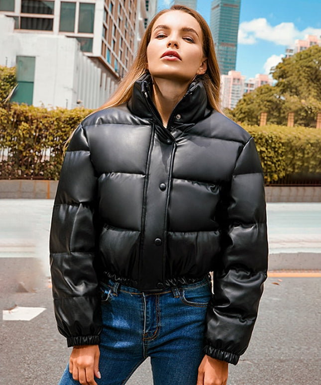 Damska kurtka zimowa z materiału imitującego skórę