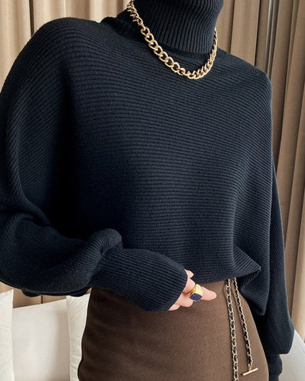 Damski sweter typu golf z bufiastymi rękawami