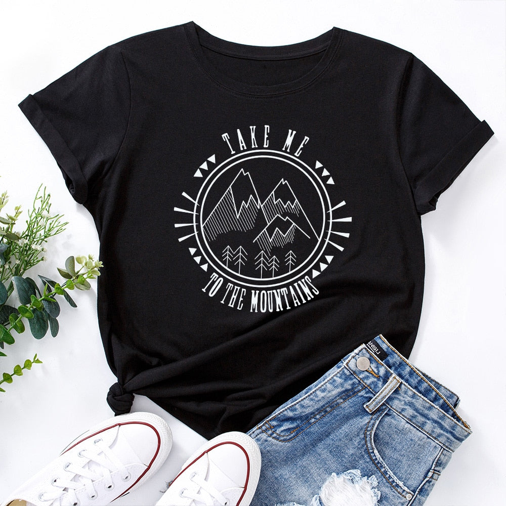 Damski T-shirt z nadrukiem z motywem gór
