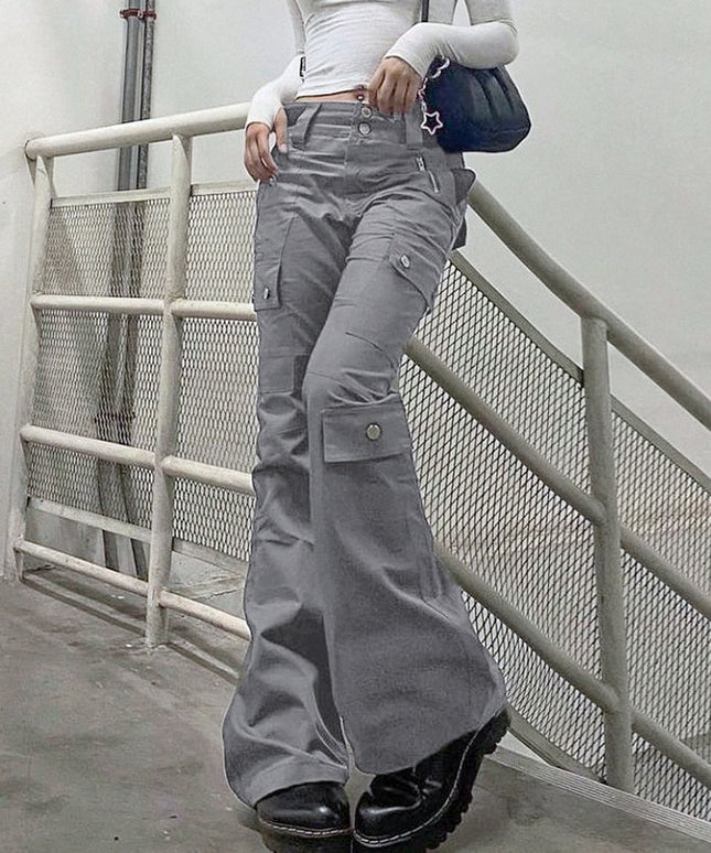 Damskie spodnie cargo z szerokimi nogawkami i kieszeniami