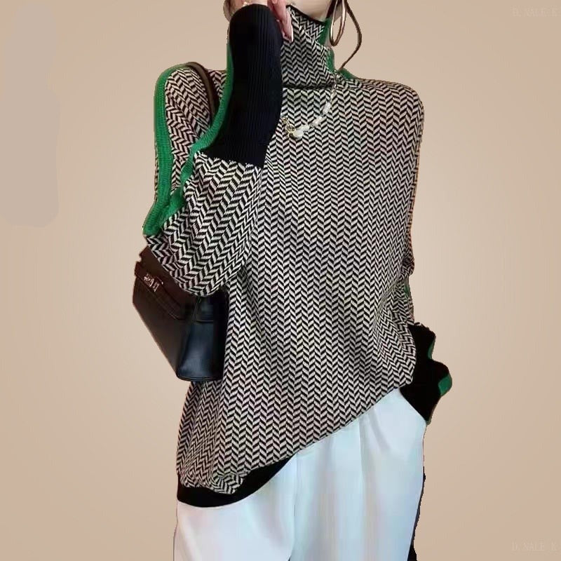 Damski sweter typu golf z kolorową lamówką