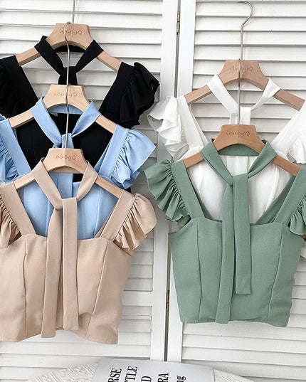 Damski crop top gorsetowy z na ramiączkach z falbankami