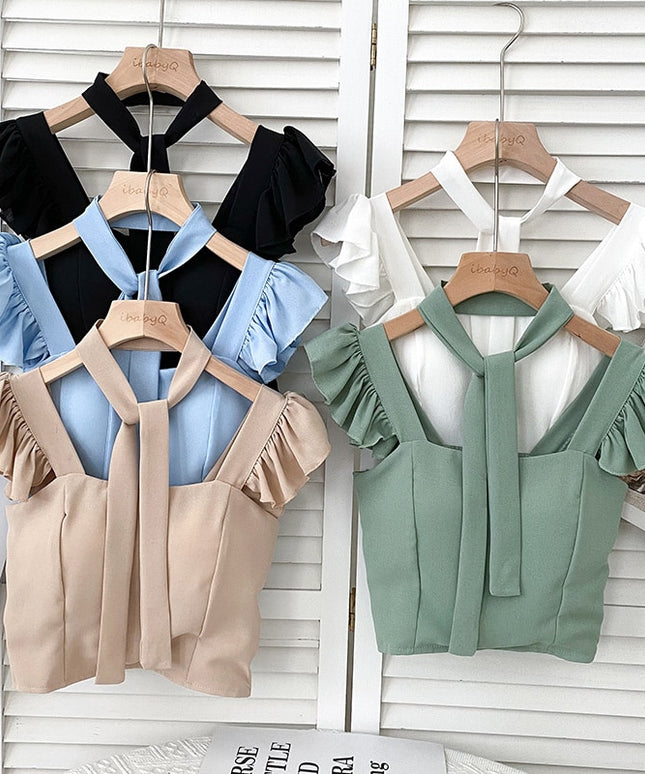 Damski crop top gorsetowy z na ramiączkach z falbankami