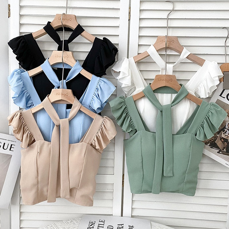 Damski crop top gorsetowy z na ramiączkach z falbankami