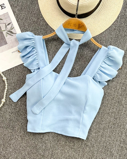 Damski crop top gorsetowy z na ramiączkach z falbankami