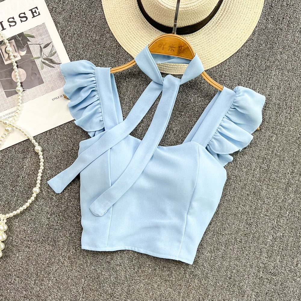 Damski crop top gorsetowy z na ramiączkach z falbankami