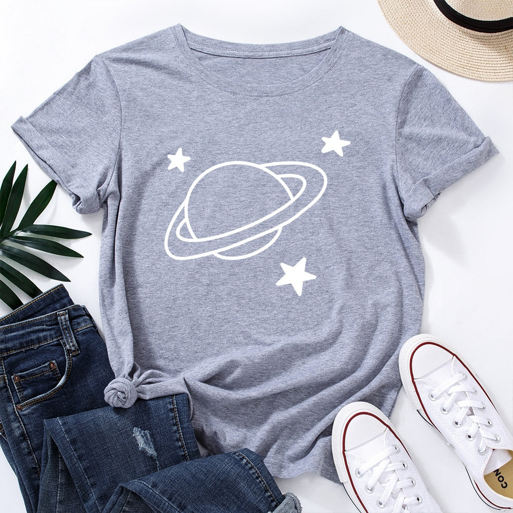 Damski T-shirt z nadrukiem z motywem kosmosu