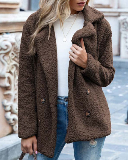 Damski płaszcz dwurzędowy z futrzanej tkaniny