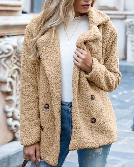 Damski płaszcz dwurzędowy z futrzanej tkaniny