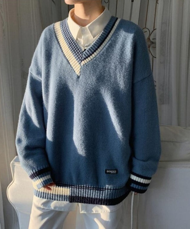 Męski sweter z dekoltem w serek o kroju oversize