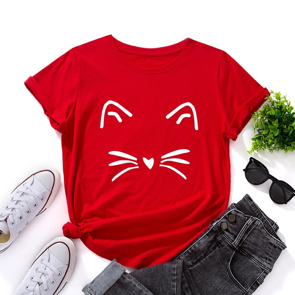 Damski T-shirt klasyczny z nadrukiem z motywem kotka