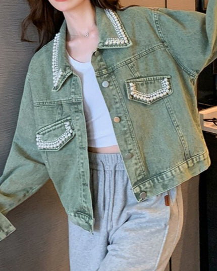 Damska kurtka jeansowa zdobiona imitacją pereł