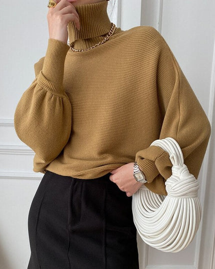 Damski sweter typu golf z bufiastymi rękawami