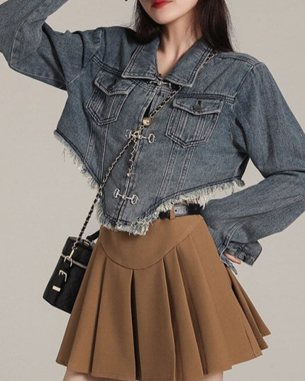 Damska kurtka jeansowa asymetryczna z przetarciami