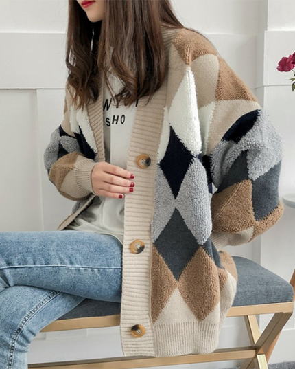 Damski sweter typu kardigan w romby