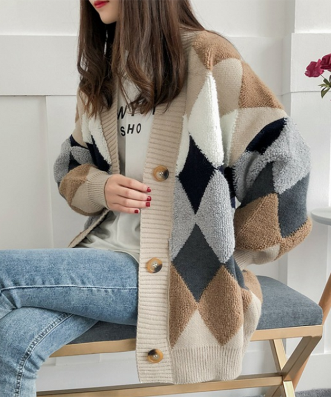 Damski sweter typu kardigan w romby