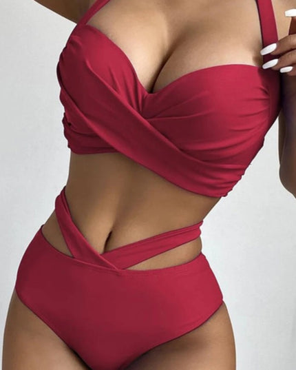 Damski dwuczęściowy strój kąpielowy bikini ze splotem i ozdobnymi paseczkami