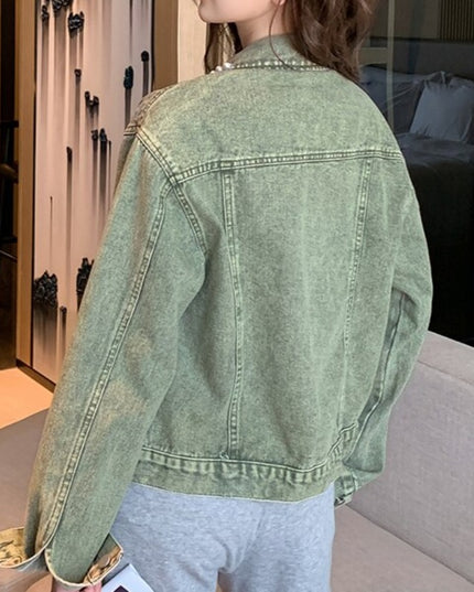 Damska kurtka jeansowa zdobiona imitacją pereł