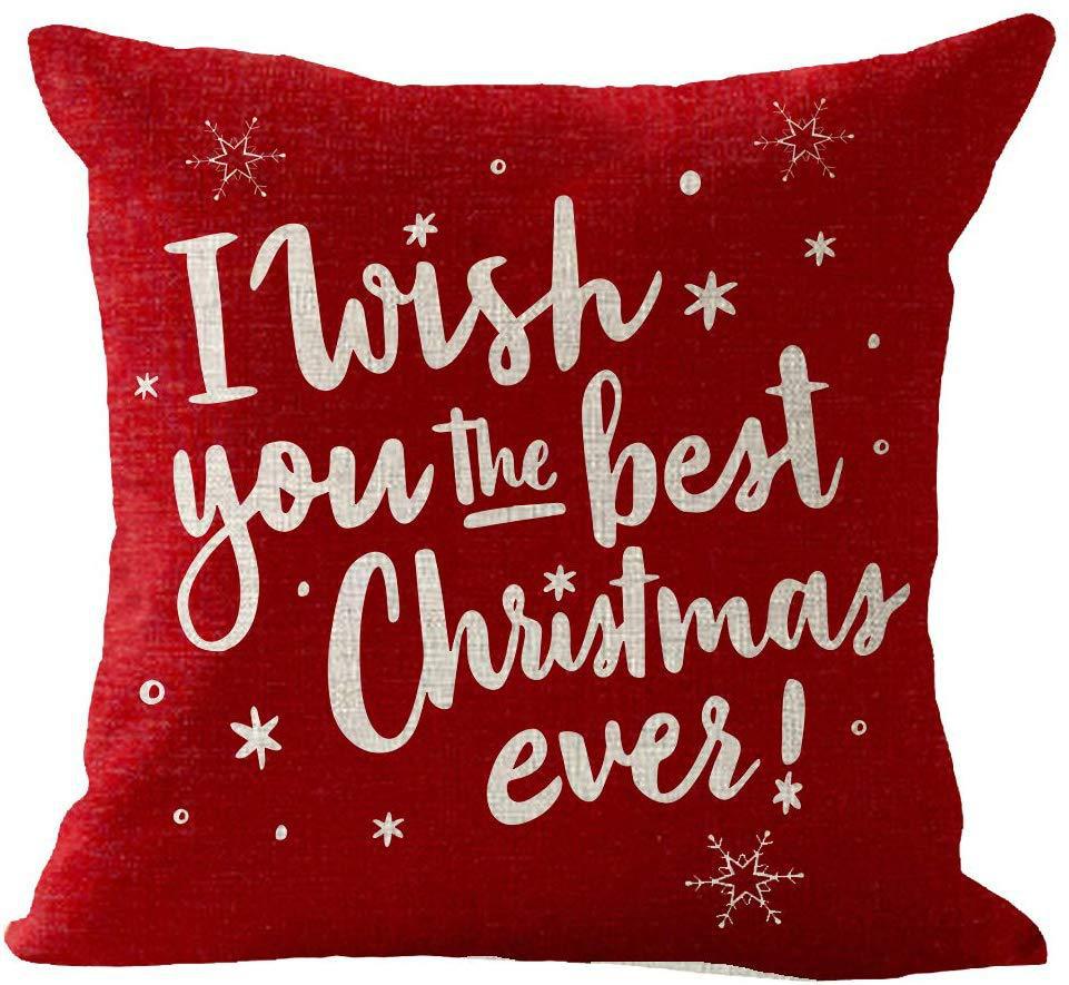Świąteczna poszewka na poduszkę z napisem I wish you the best Christmas ever