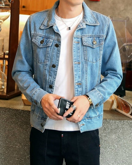 Męska kurtka jeansowa o prostym kroju z przeszyciami