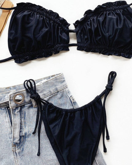 Damski dwuczęściowy strój kąpielowy bikini marszczony z wiązaniami