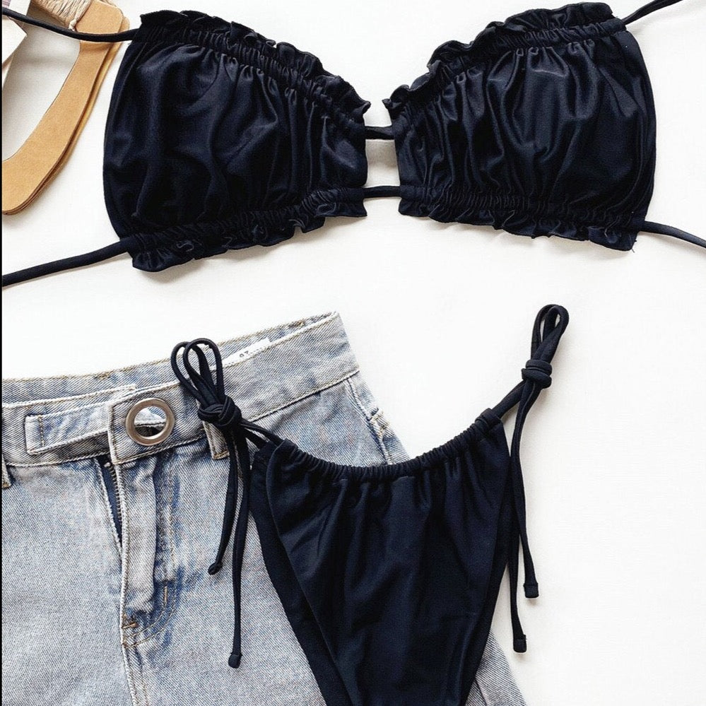 Damski dwuczęściowy strój kąpielowy bikini marszczony z wiązaniami