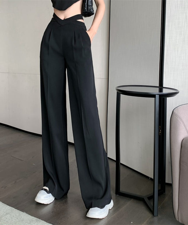 Damskie spodnie chinosy z szerokimi nogawkami i kieszeniami