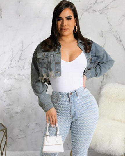 Damska kurtka jeansowa krótka z przetarciami