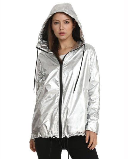 Damska kurtka przejściowa przeciwdeszczowa metaliczna z kapturem