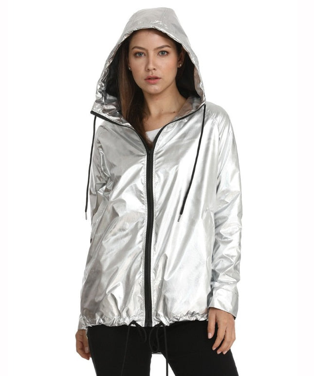 Damska kurtka przejściowa przeciwdeszczowa metaliczna z kapturem