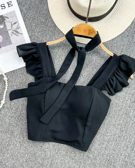 Damski crop top gorsetowy z na ramiączkach z falbankami