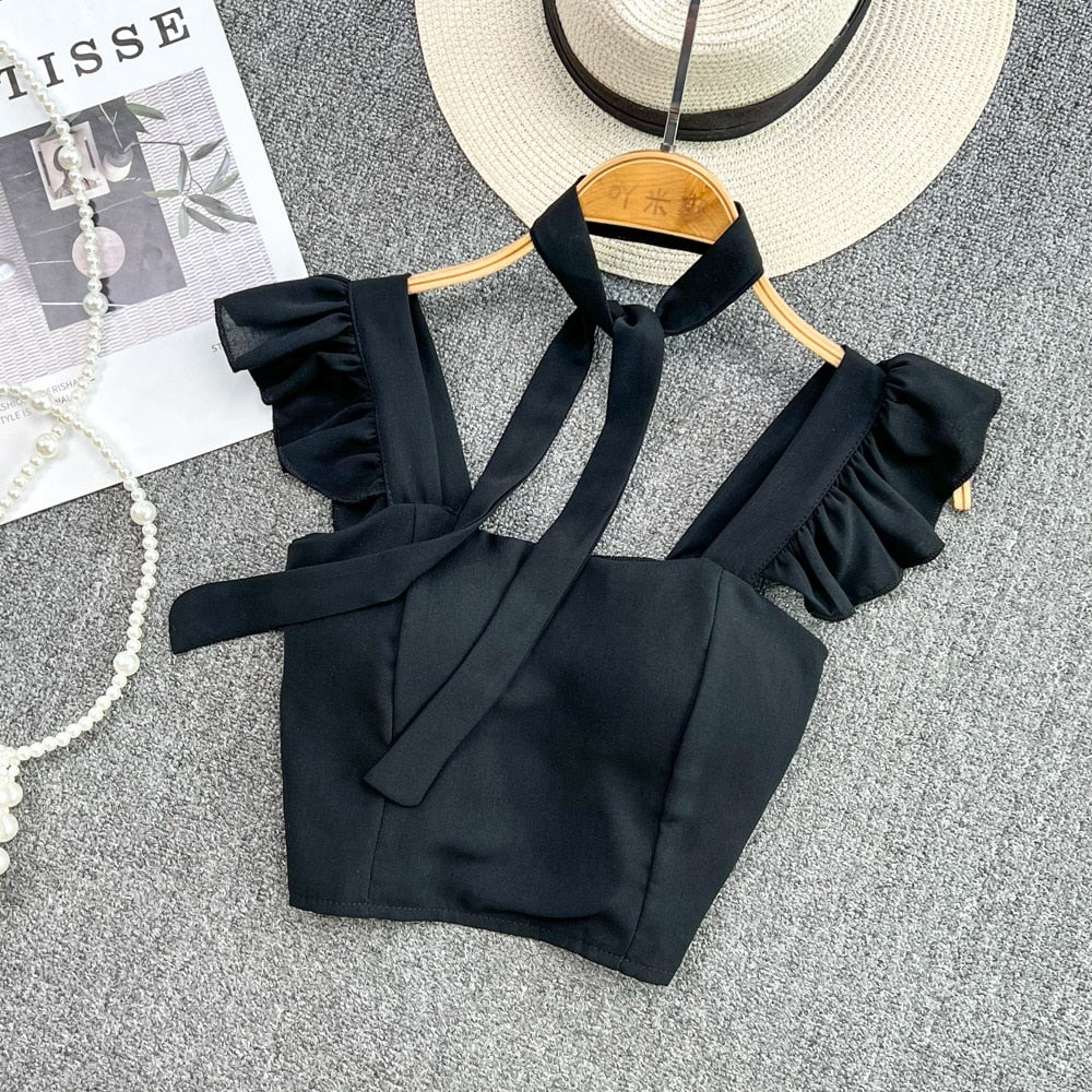 Damski crop top gorsetowy z na ramiączkach z falbankami