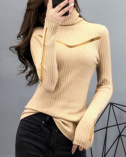 Damski sweter typu golf z ozdobnym prześwitem