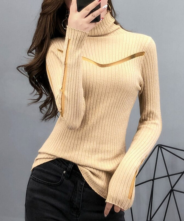 Damski sweter typu golf z ozdobnym prześwitem