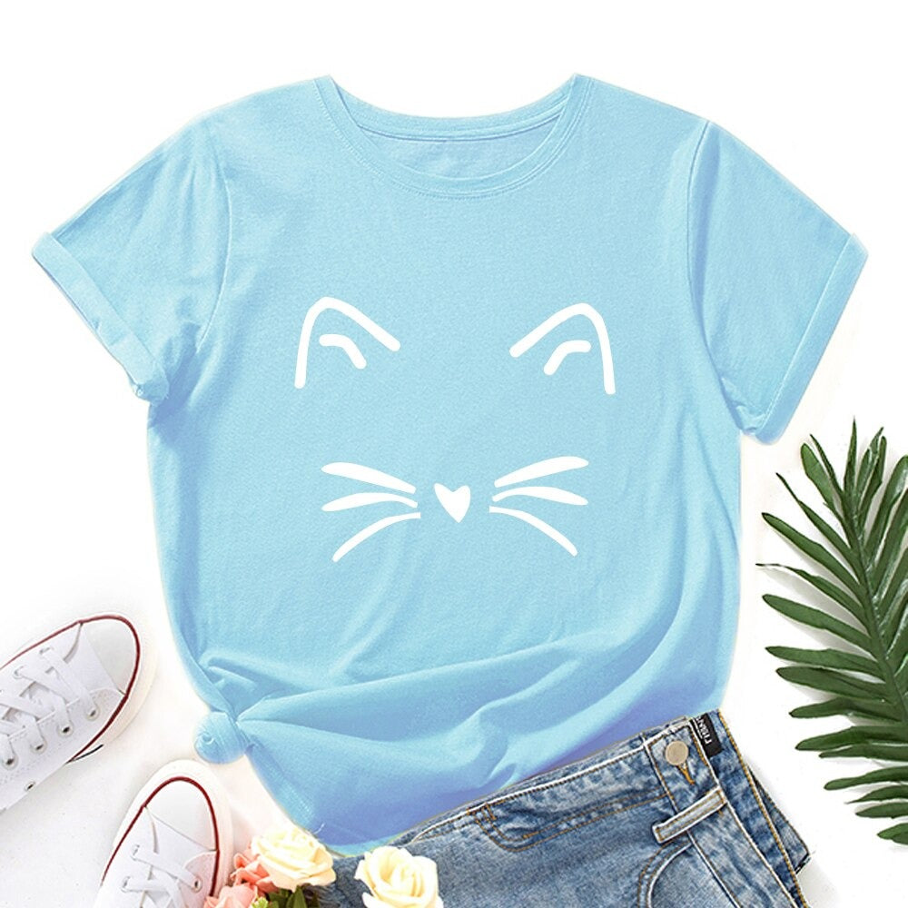 Damski T-shirt klasyczny z nadrukiem z motywem kotka