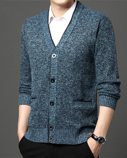 Męski sweter typu kardigan z melanżowej tkaniny zapinany na guziki