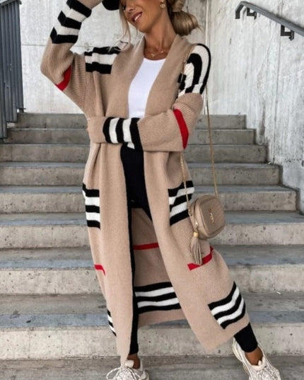 Damski sweter typu kardigan długości do kostek w kratkę