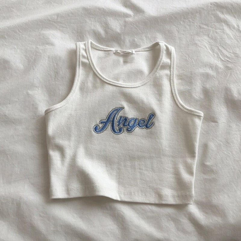 Damski crop top na ramiączkach z napisem "Angel"