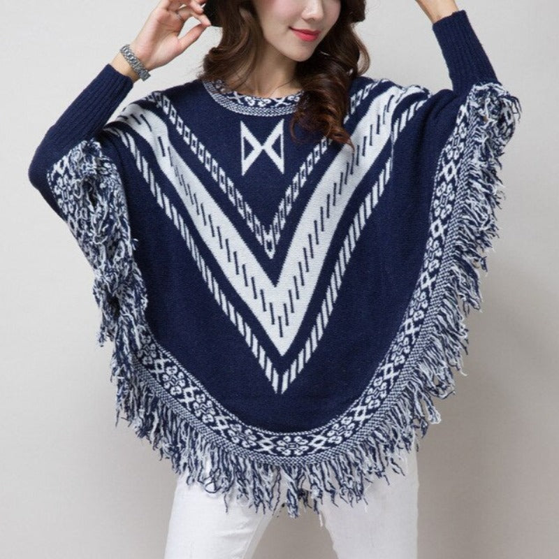 Damski sweter typu ponczo w azteckie wzory