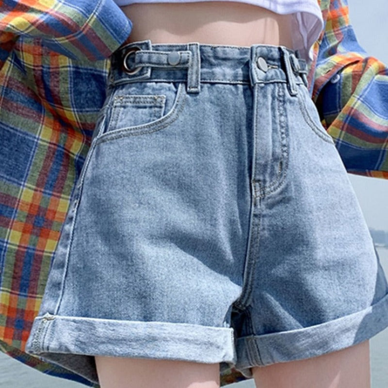 Damskie szorty mom jeans z wysokim stanem z podwiniętymi nogawkami